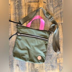 Olive Green Crossbody Bag with Pink Top Handle